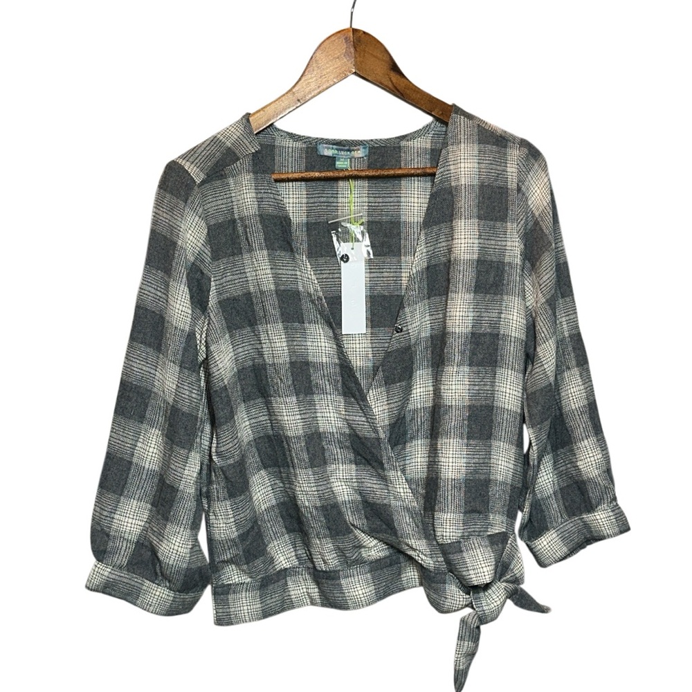Good Luck Gem Checkered Wrap Blouse - Gray and Cream